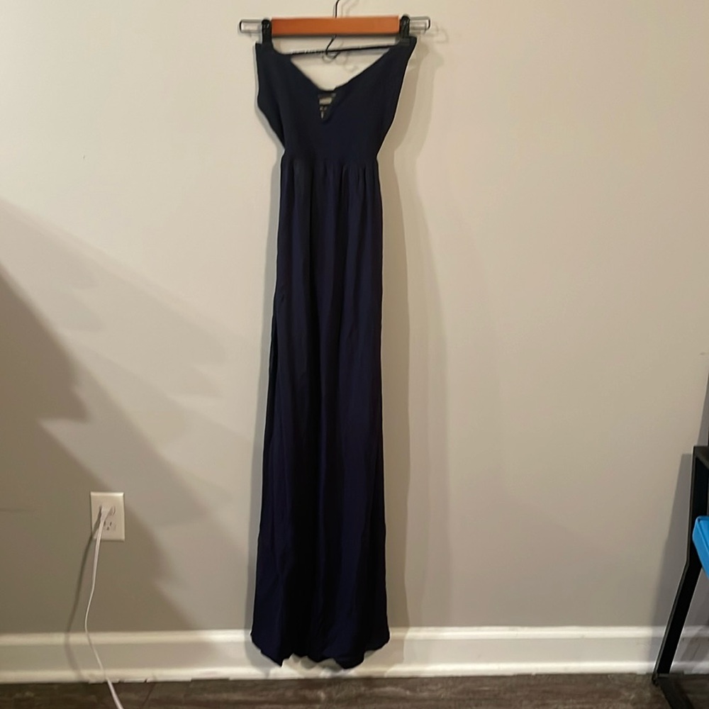 Navy blue backless maxi dress.